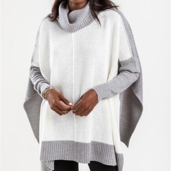 NWT La Classe Couture Grey/White WaffleKnit Oversized Pullover Cowl Neck Sweater - Picture 6 of 6